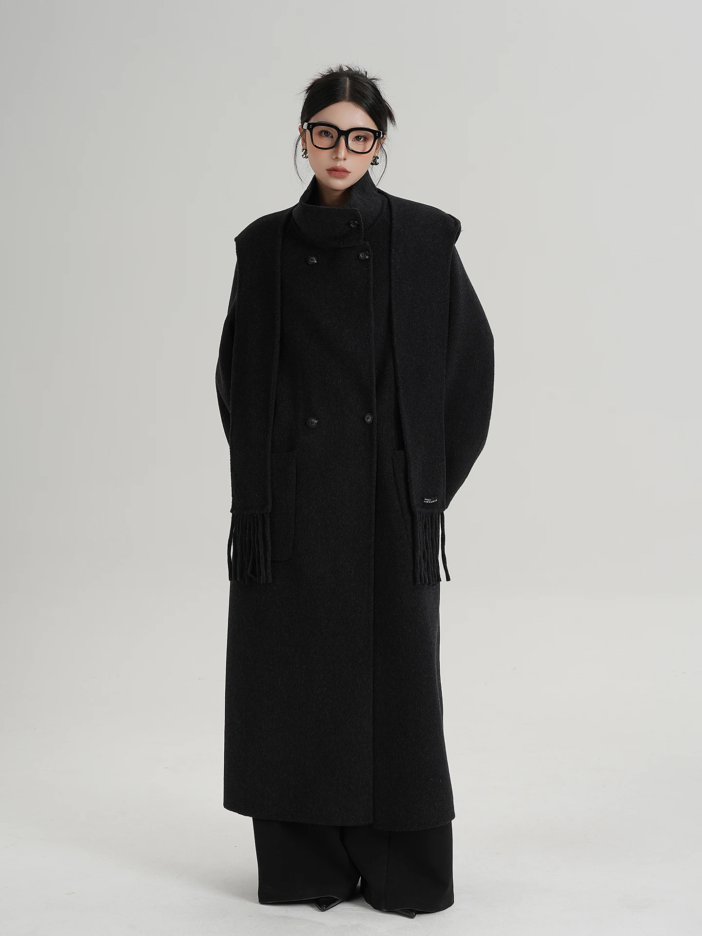 

SRYS AME двустороннее шерстяное пальто с шарфом и шляпой, дизайн Ele, женское модное зимнее новое поступление, длинный свек