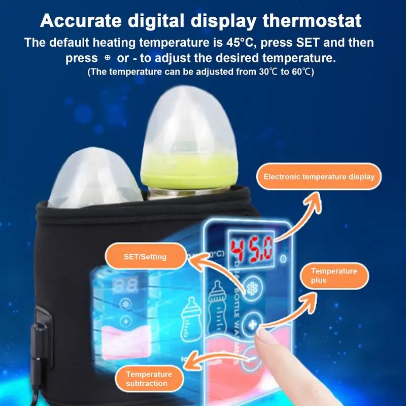 Aquecedor termostático do leite com USB, caneca de viagem, aquecedor portátil, inteligente, controle de temperatura, tampa dupla garrafa, aquecedor do leite