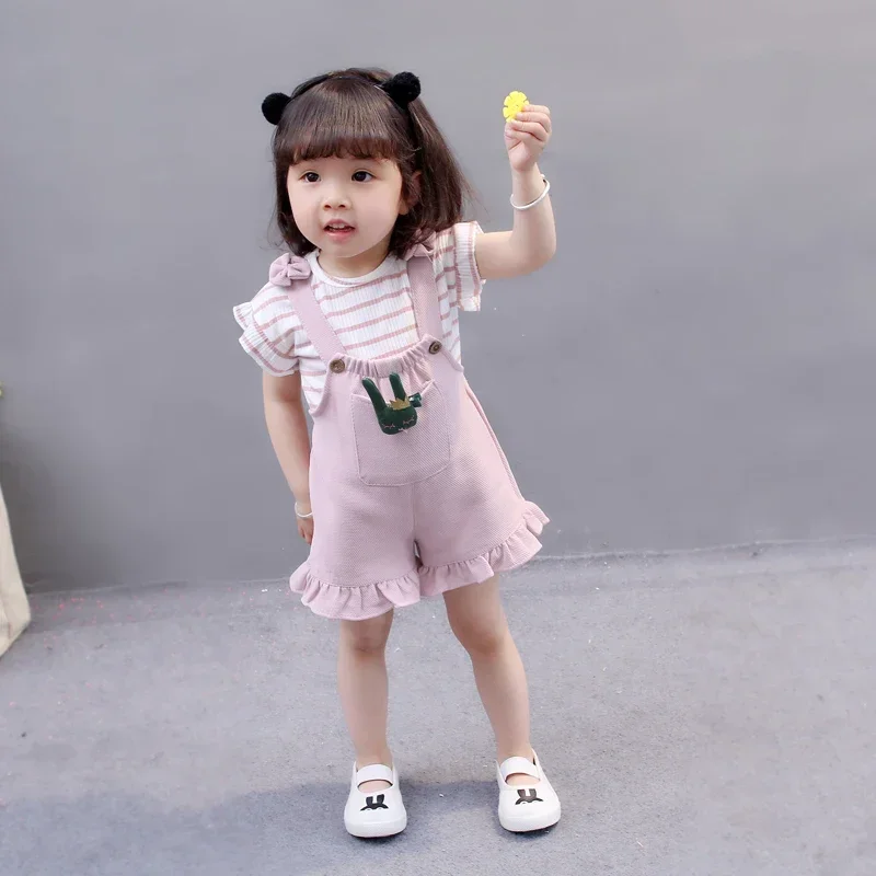 Summer Children Clothing Baby Cute Girls Casual T-Shirts Bib Shorts 2Pcs/Set Toddler Cartoon Fashion Cotton Infant Clothes Suit