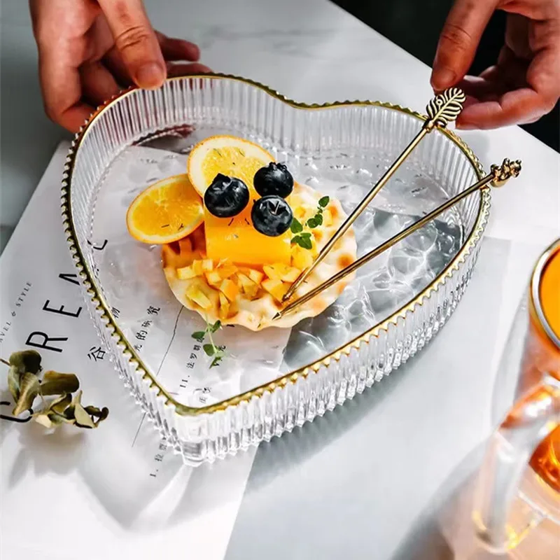 CX transparent flat plate shallow heart-shaped   nternet celebrity household fruit plate glass plate