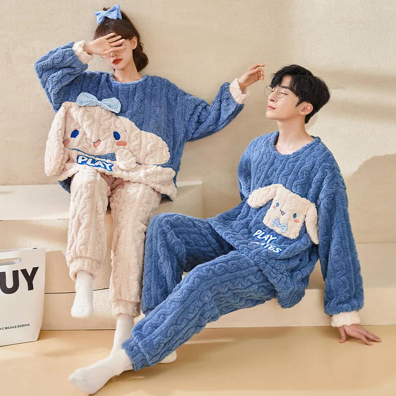 Cartoon Sanrio Jade Cinnamon Dog Couple Pajamas Seasonal Coral Fleece Crew Neck Long Sleeve Cotton Two-piece Set Women\'s Pajamas