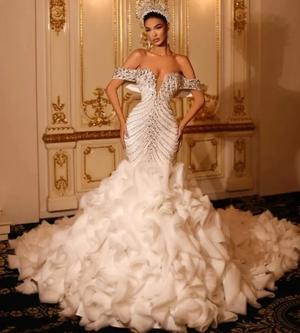 

Luxury Mermaid Wedding Dresses for Bride Off the Shoulder Beaded Crystals Ruffles Tiered Train Women Bridal Gowns Arabic Dubai