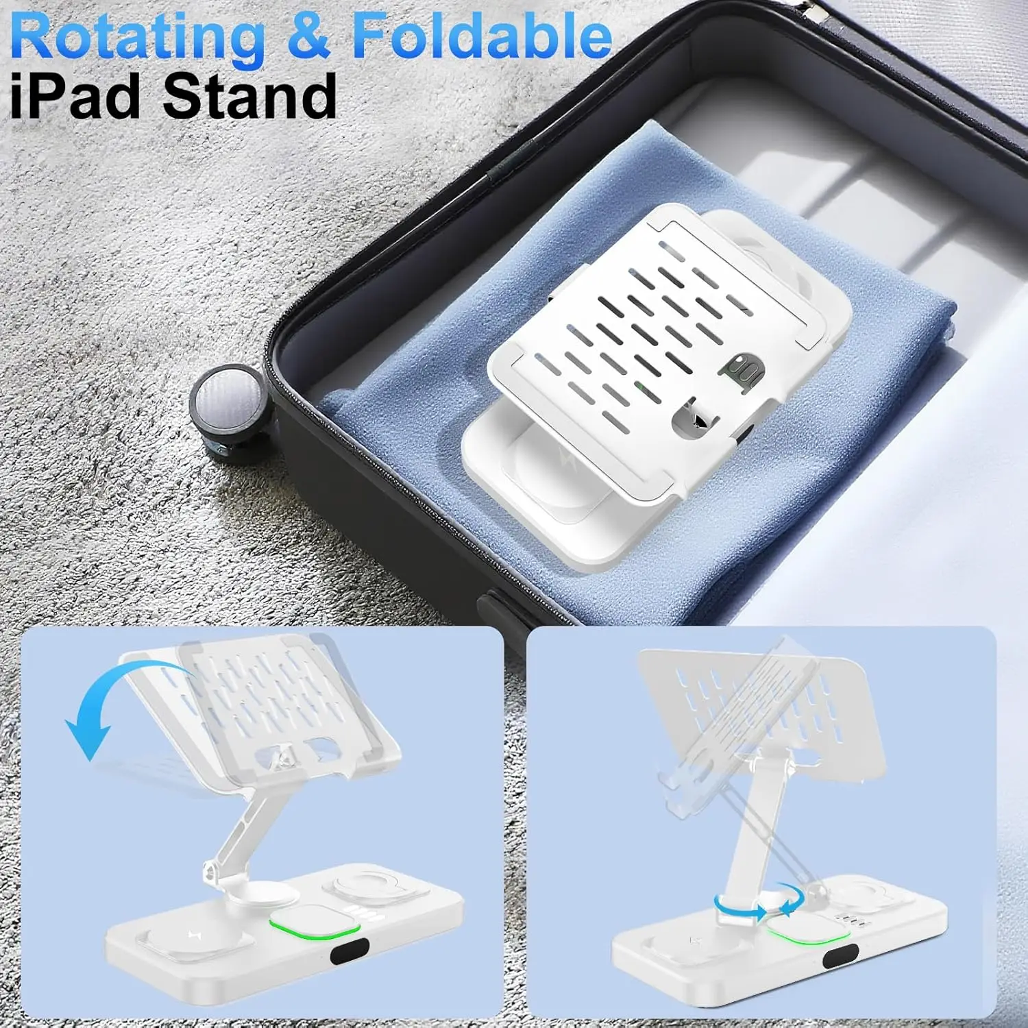 6-in-1 Wireless Charger for Apple (iPhone/Watch/AirPods/iPad) - with Clock, 7-Color Light, Foldable Rotatable Stand