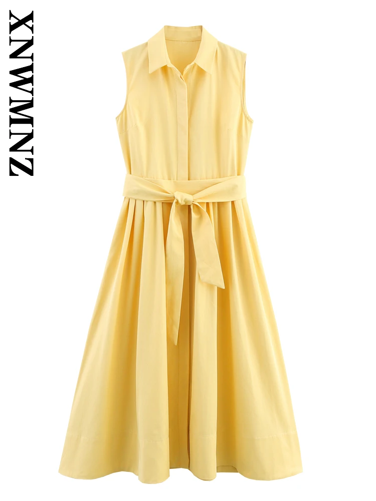 

XNWMNZ 2025 Summer Woman's Chic Commuting Turn-down Collar Sleeveless midi Dresses Fashion Simple Lady Casual Pleated dress