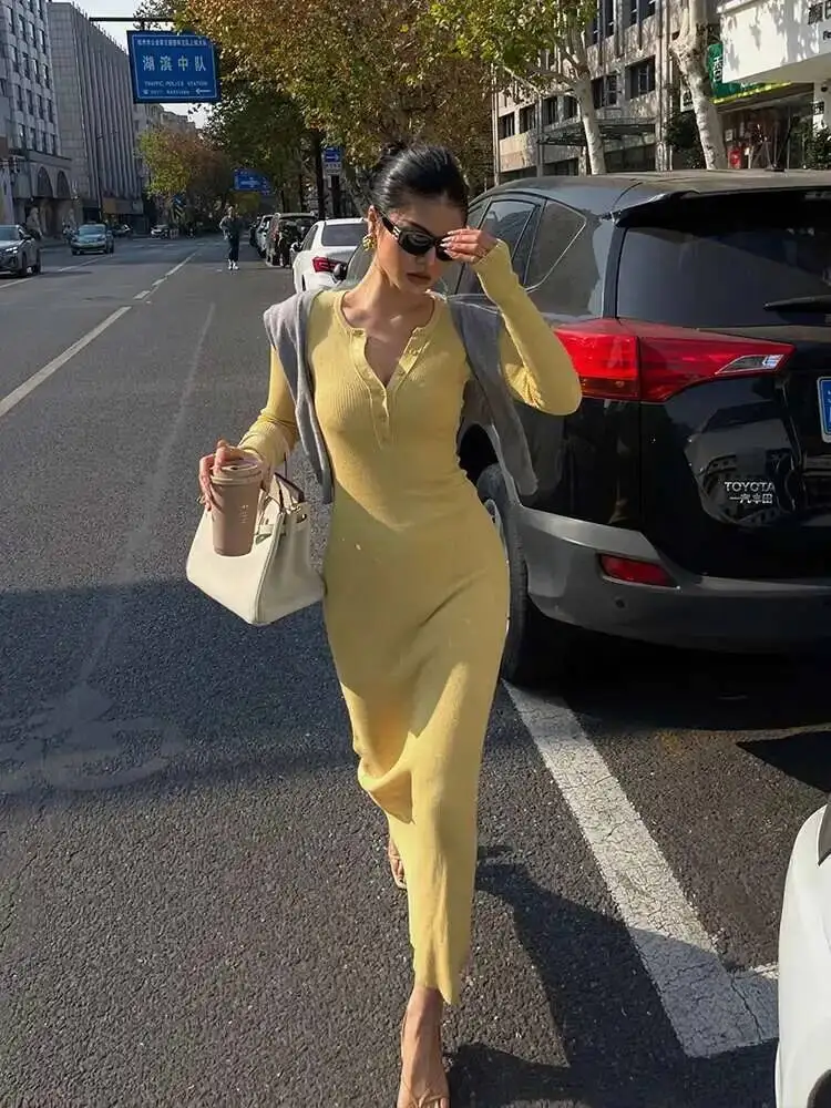 Vestido de malha amarelo com decote em v, manga comprida, elegante para mulheres, suéter amarelo fino, vestido longo, quente, sexy, moda feminina, vestidos qh4m