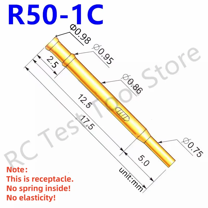 

20/100PCS R50-1C Test Pin P50-B Receptacle Brass Tube Needle Sleeve Seat Crimp Connect Probe Sleeve 17.5mm Outer Dia 0.86mm