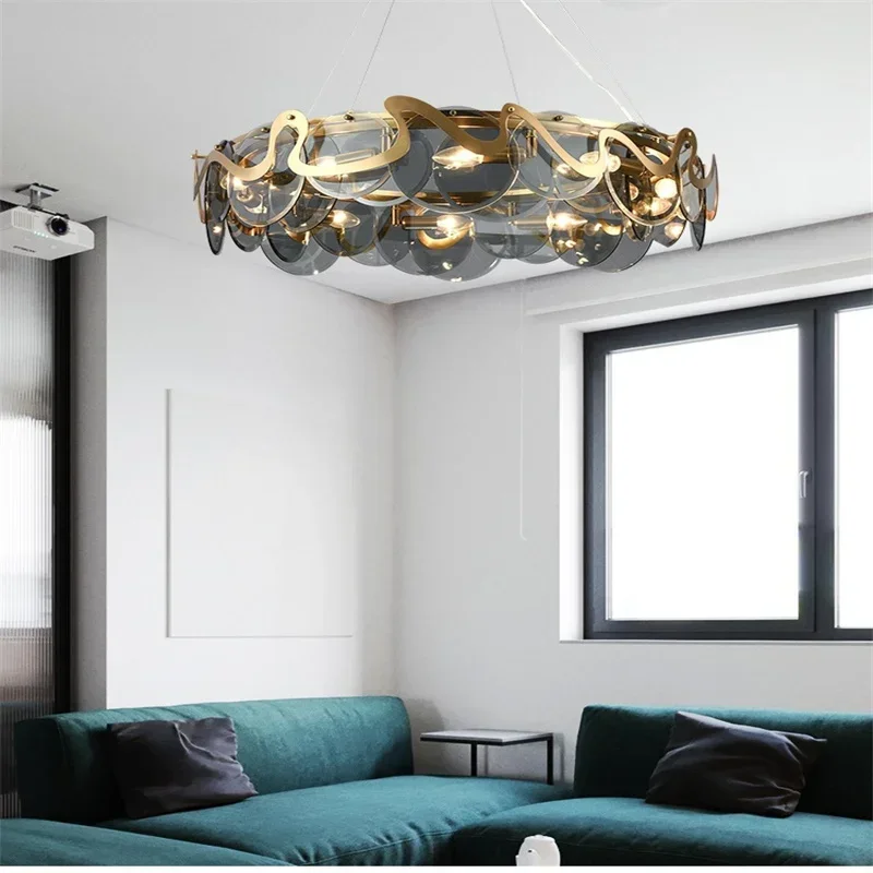 High-End Wrought Iron Round Glass Pendant Chandelier for Dining Table Living Room Kitchen Led Decoration Maison Ring Lighting