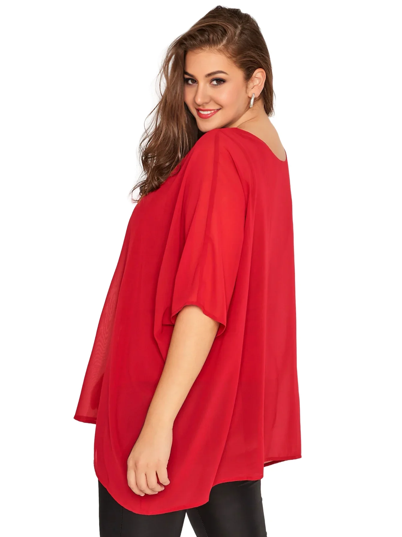 Damska bluzka Plus Size Elegancka letnia bluzka z rękawem w kształcie skrzydła nietoperza Ponadgabarytowa szyfonowa bluzka z wycięciem Duży rozmiar Casual Tunic Top Shirt 6XL