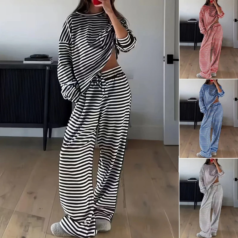 

Новинка 2026, весенне-осенний полосатый топ с длинными рукавами и высокой талией, длинные брюки из двух предметов, модная повседневная домашняя женская одежда