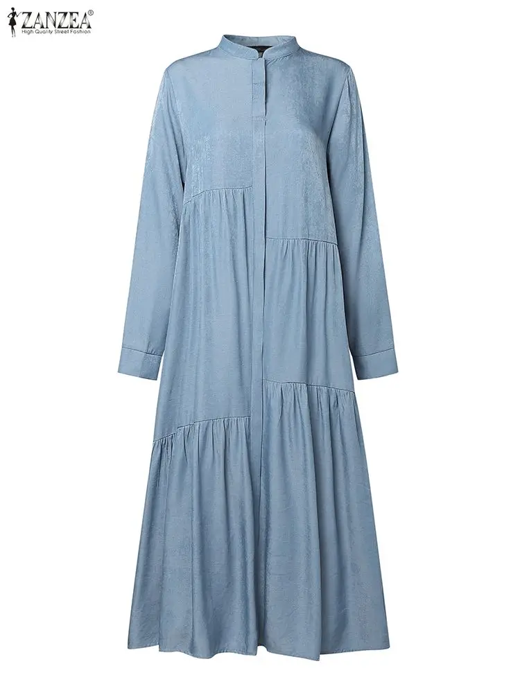 

ZANZEA Muslim Hijabs Midi Dresses Women Fashion Denim-Like Stand Collar Long Sleeve Asymmetrical Design Long Dress Ramadan Robes
