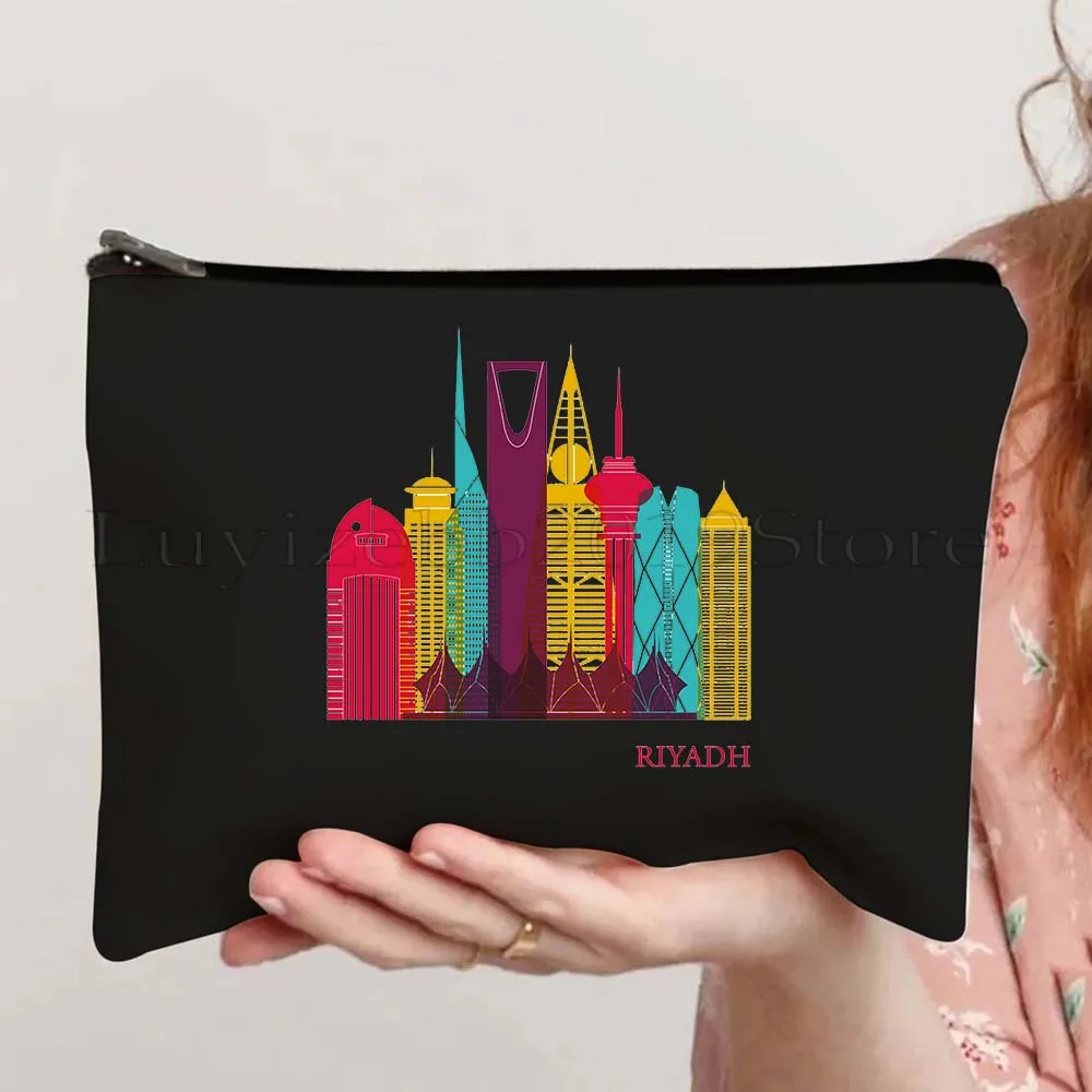 

Saudi Arabia Flag Map Emblem Camel Saudi Arabian Travel Cute Gifts Canvas Cosmetic Makeup Toilet Bag Pencil Case Zipper Pouch