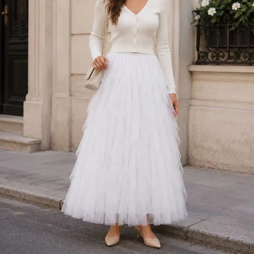 

2026 Women Fairy Tulle Long Maxi Skirt High Waist Mesh Pleated Tutu Skirt Solid Color Elegant Summer Party Vacation Skirts