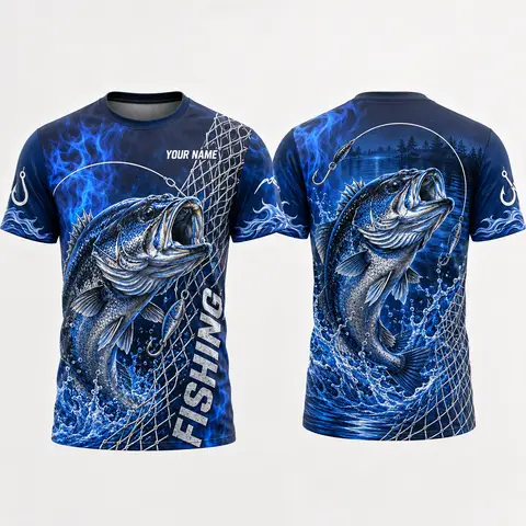 Men 3D Bass Fishing T Shirt Vintage River Angler Graphic Printed Short Sleeve Summer Casual Breathable Outdoor Tees Top
