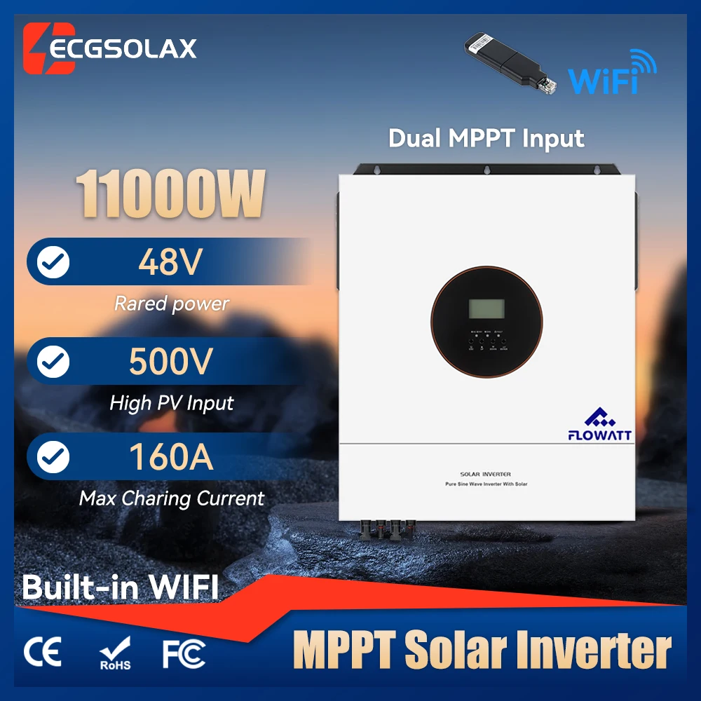 

ECGSOLAX 11 кВт солнечный гибридный инвертор 230 В переменного тока 48 В с двойным входом MPPT 160A контроллер зарядки 11000 Вт гибридный солнечный инвертор BMS
