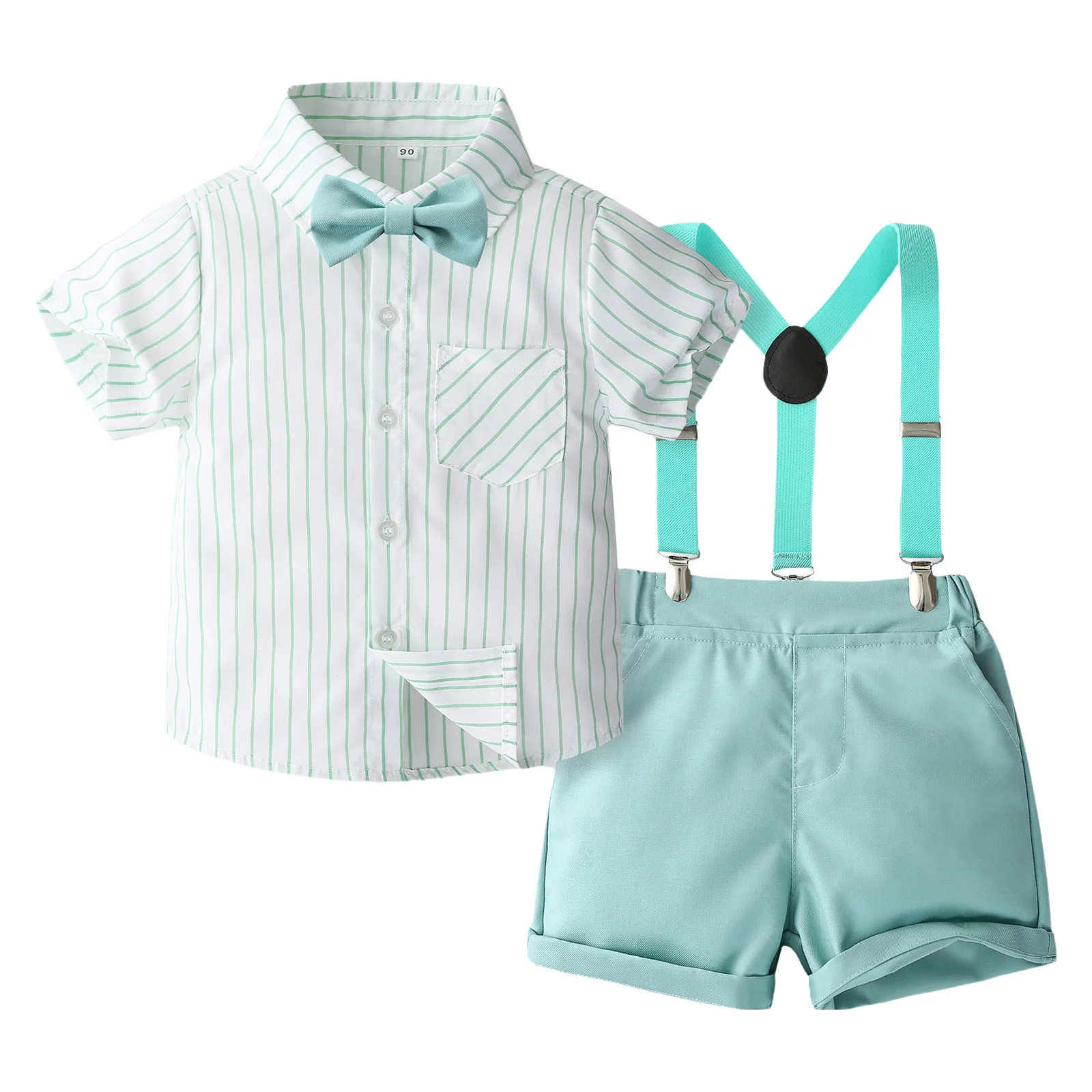 

Kids Boy Sets Cotton Summer Clothes Gentleman Outfit Short Sleeve Striped Shirt with Bowtie And Suspender Shorts Birthday Party