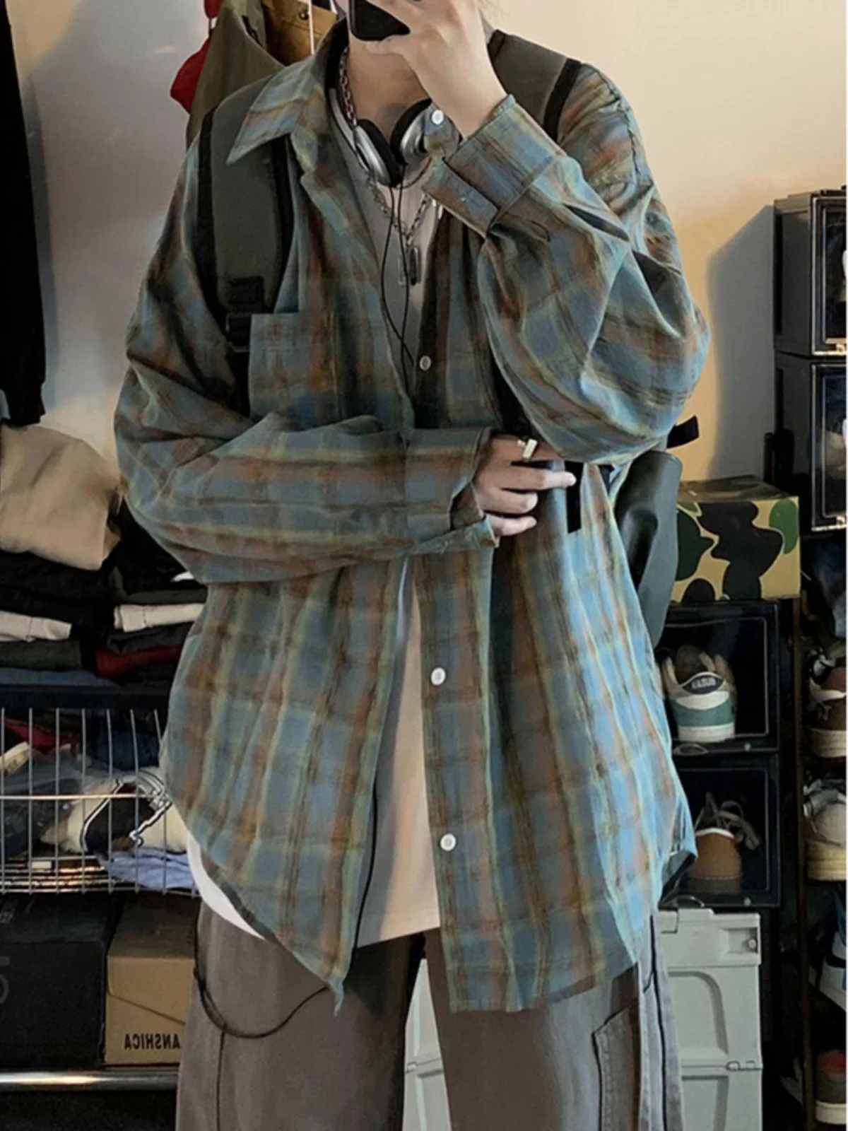 

Oversize Blue Plaid Men's irt Design Sensation High End Drapey Couple's Faion Long Sve Cotton Polyester Blend