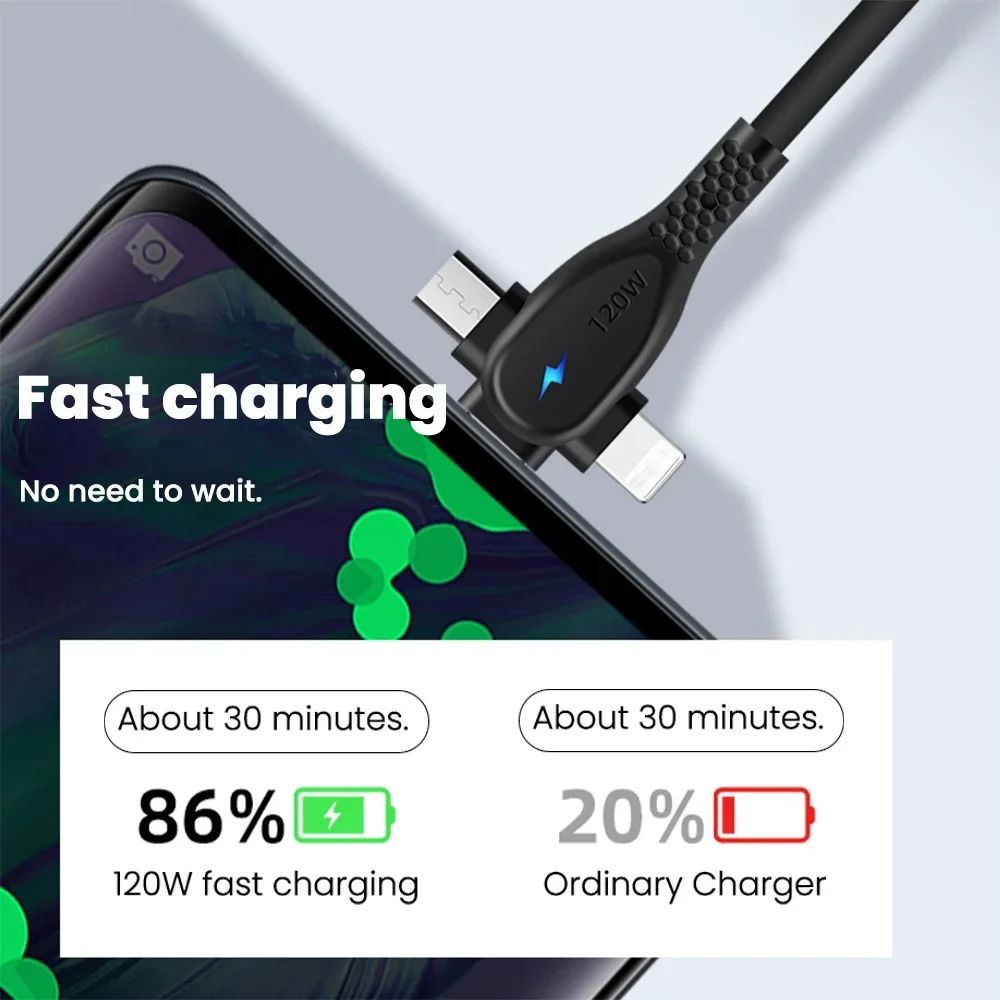 120W 3 in 1 Fast Charging Cable 2 in 1 USB Type C Cable Data Fast Charger Cable for iPhone Huawei Xiaomi Samsung