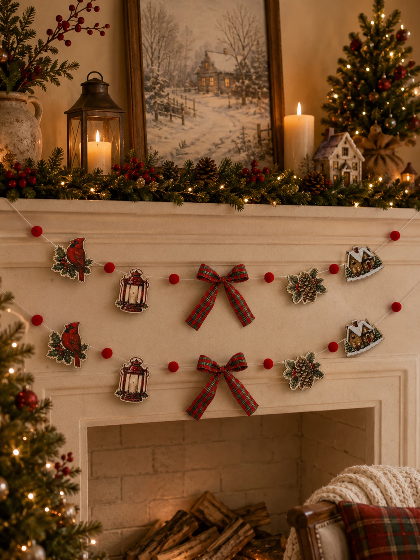 Vintage Christmas Garland Banner with Plaid Bow & Red Pom Poms Xmas Fireplace Mantel Wall Hanging Decor for Home Holiday Party
