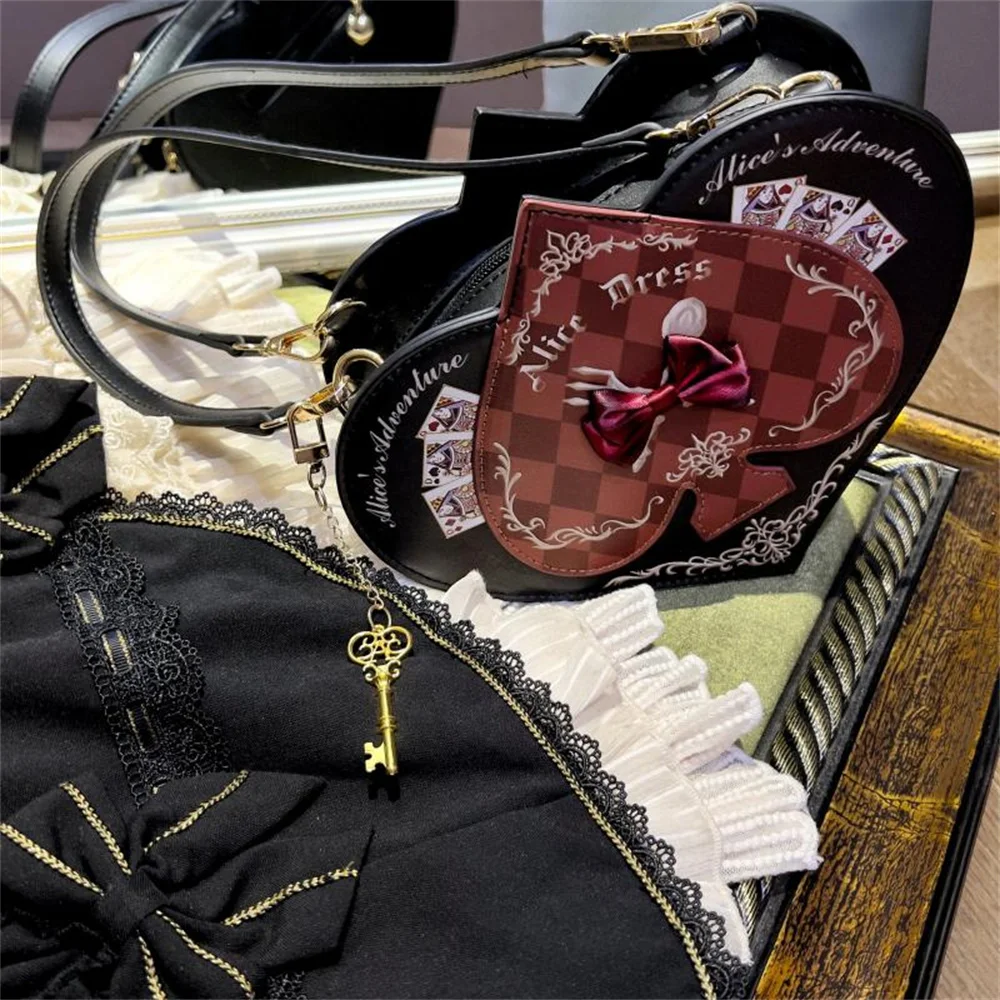 Vintage Peach Heart Alice Original Lolita Bow Love Tote Bag Poker Printed Metal Key Palace Vantage Black Pool Cosplay Lolita Bag