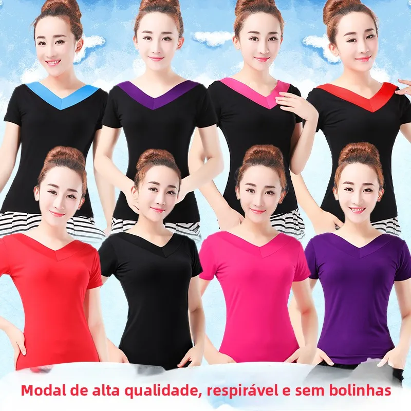 women's-square-dance-short-sleeve-modal-top-summer-new-style-dance-practice-suit-fitness-clothing-exercise-uniform-sportswear