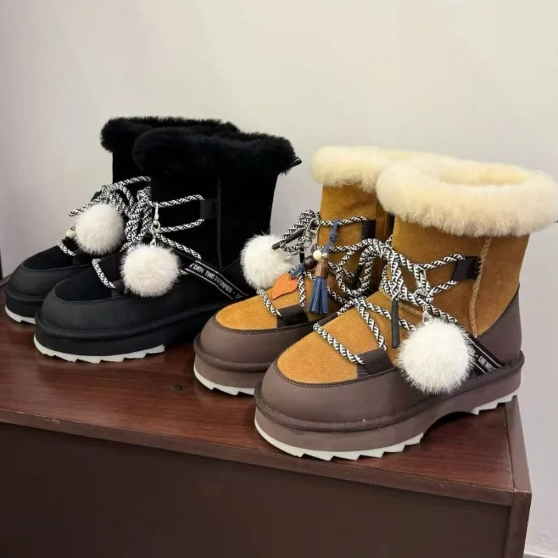 

Real leather snow boots with real fur, women's front straps, thick soled short boots, warm cotton shoes, women's boots
