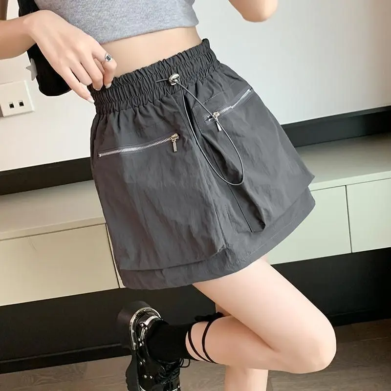 High Waist Drawstring Summer Women Short A Line Skirt Vintage Casual Cargo Big Zipper Pocket Skirt with Safety Shorts Hip Skirts