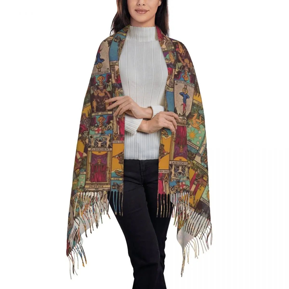 The Major Arcana Of Tarot Vintage Patchwork Scarf Tassel Scarves Women Soft Warm Shawls and Wraps Large Fall Winter Shawl Wrap