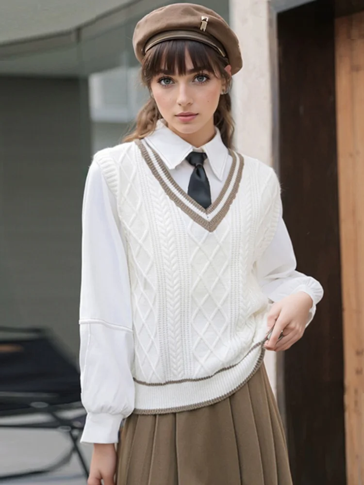 Sweet Preppy Style Sweater Vest Women V-neck Oversized Knitted Pullover Sleeveless Korean Fashion Casual Autumn Winter B-075