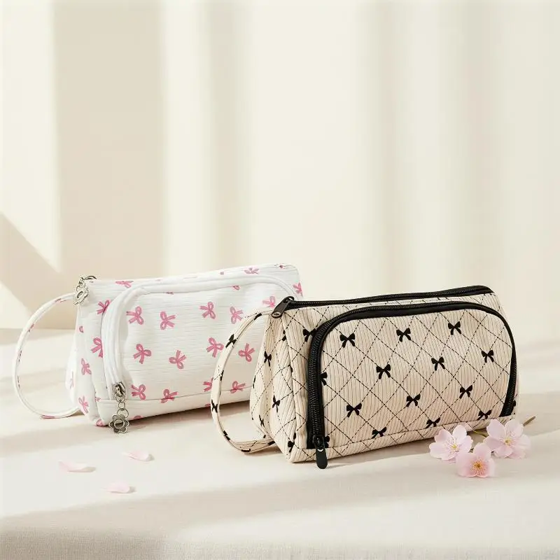 Large Capacity Pencil Case Multi Compartment Cute Bow Pen Bag Flower Zipper Kawaii Stationery Pouch For School Office
