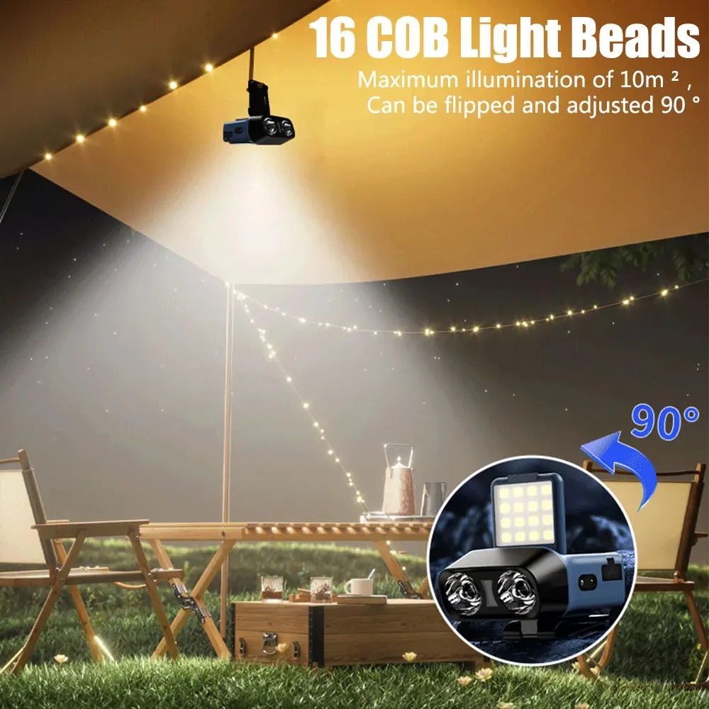 Lampu Kepala LED Sensor COB dengan Klip Topi, Lampu Senter Kepala Isi Ulang USB dengan Baterai Terpasang untuk Memancing dan Berkemah