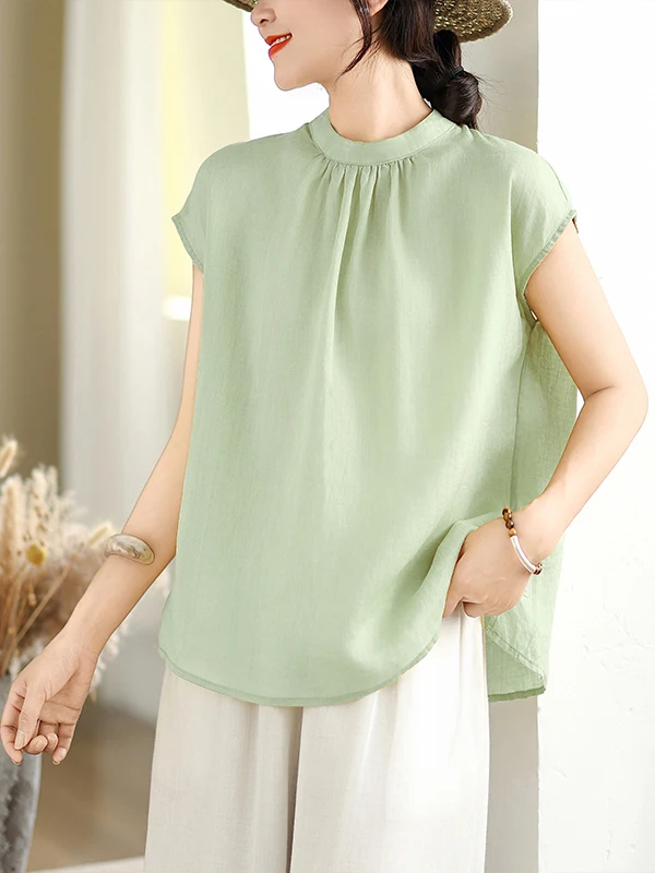 

Женская хлопково-льняная майка-топ с воротником-стойкой, летняя новинка, большие размеры, повседневная, премиум-класса, тонкая