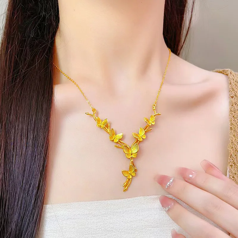 

Luxury 24K 9999 Pure Gold real gold Women's Three-dimensional Butterfly Necklace Light Luxury Collarbone Necklace