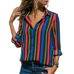 Women Fashion Turn Down Collar Long Sleeve Blouses Shirts Casual Striped Printed Blouses Shirts Ladies Single Breasted Top