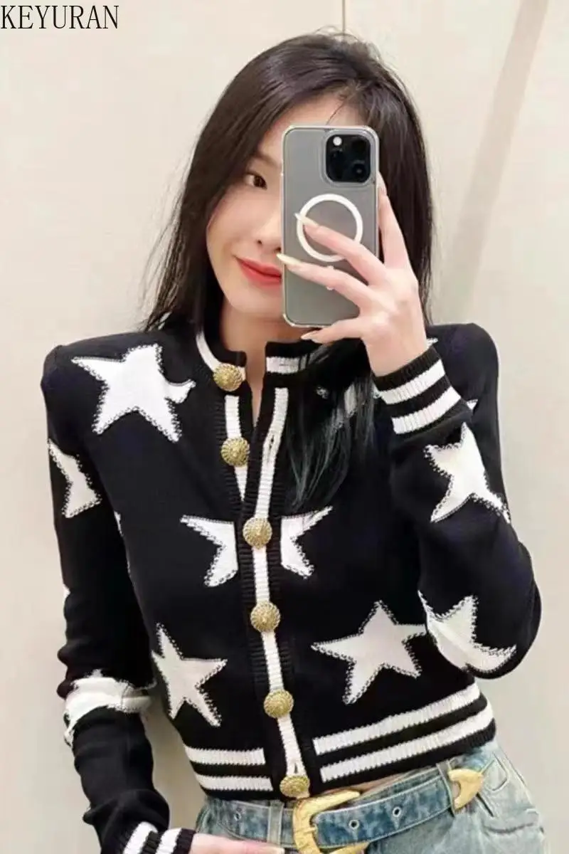 2024 Spring Autumn Star Jacquard Knitted Cardigan Women Vintage O-Neck Long Sleeve Single Breasted Sweater Loose Versatile Tops