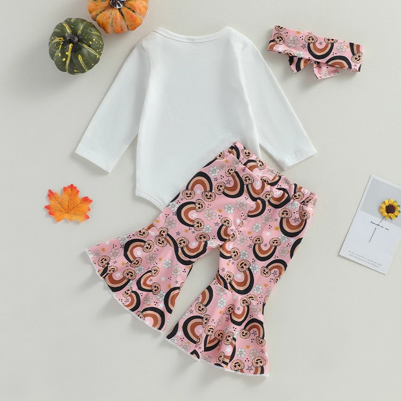 Toddler Girls Autumn Set Adorable Long Sleeve Romper with Pumpkin Print Pants and Matching Headband Halloween Costume for