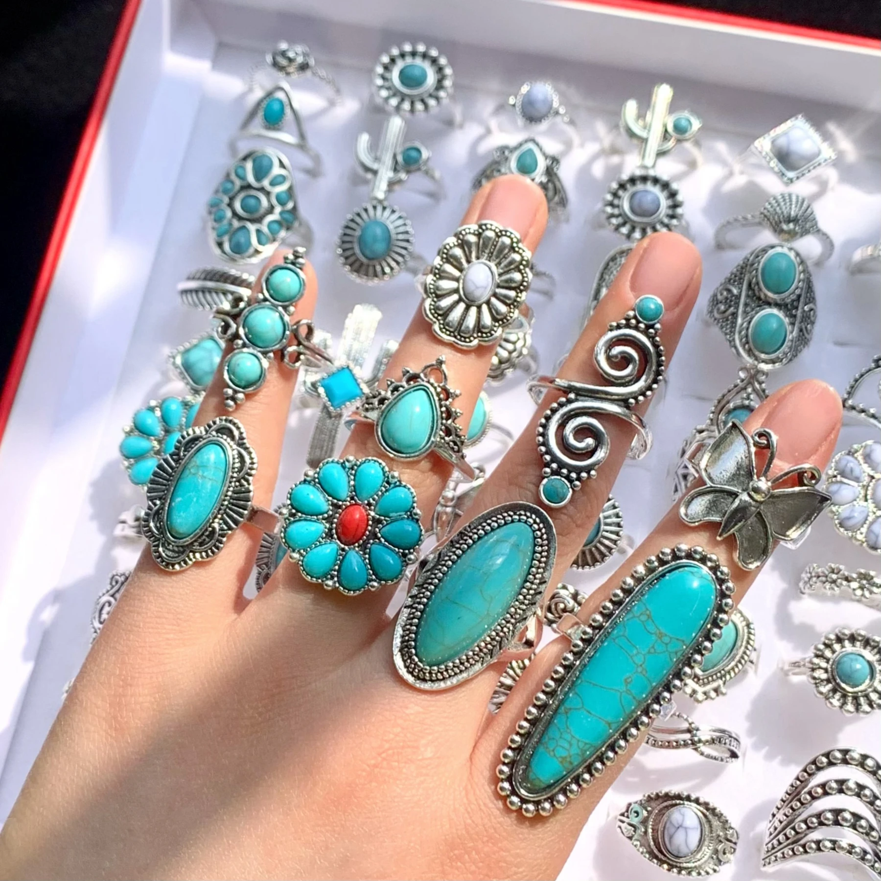 12pcs Antique Silver Plated Turquoise Bohemia Vintage Rings Mix Style Women Ethnic Alloy Metal Party Gift Finger Jewelry Lot