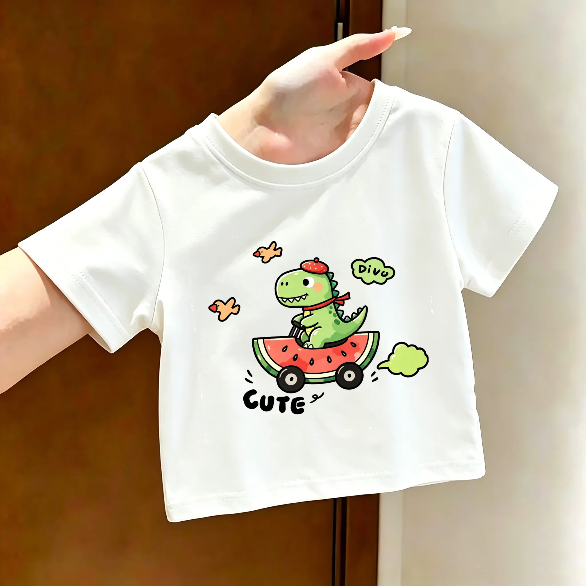Cartoon Dinosaur Kids Pure Cotton Short-Sleeve Mid-Size Breathable Summer Casual T-Shirt for Children