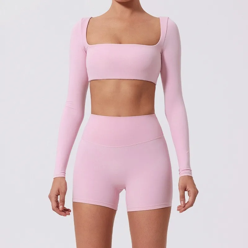 

New Women 2PCS Long Sleeve Gym Yoga Set Quick-Drying Breathable Sportswear Running Leggings Square Collar Crop Top Shorts Suits