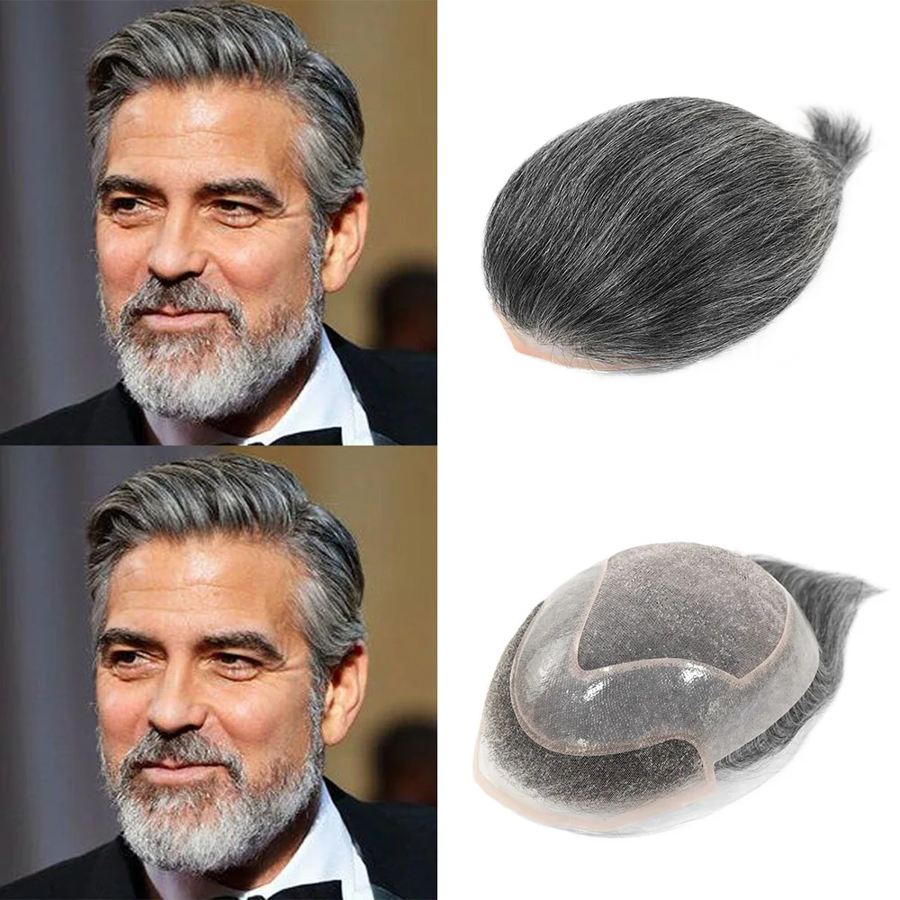 Grey Men's Toupee Lace Front Hair Replacement System Human Hair Prosthesis Back Style Breathable Mono PU Male Wig Hairpiece