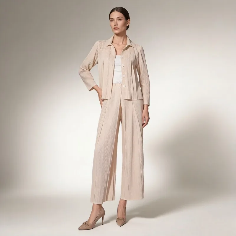 

Костюм с плиссированными брюками Miyake: Новинка 2026 года, весенняя мода, высококачественный плиссированный топ-рубашка, деловой стиль, стройнящий силуэт, полный комплект