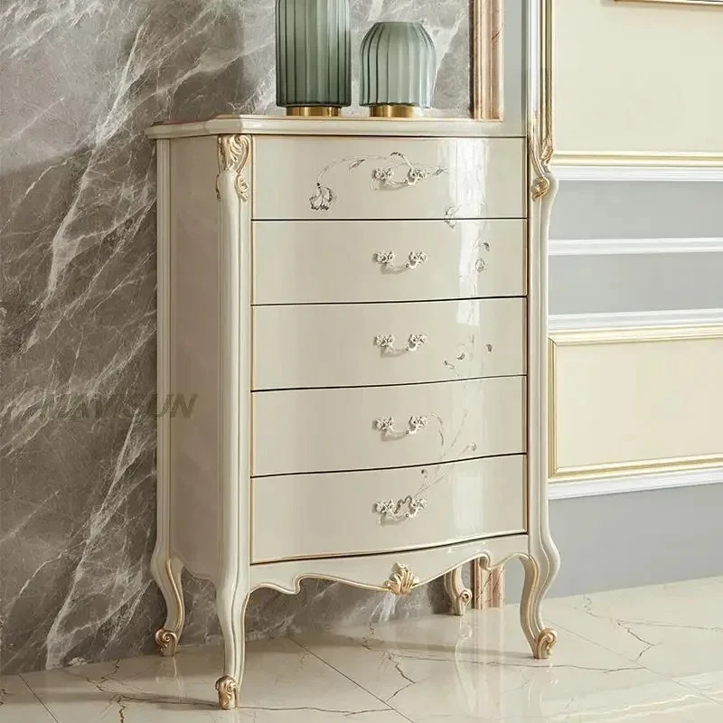 

Solid Wood Chest Of Drawers White Light Luxury Hand-Carved Pattern Storage Cabinet Simple Bedroom Home Kitchen Stand