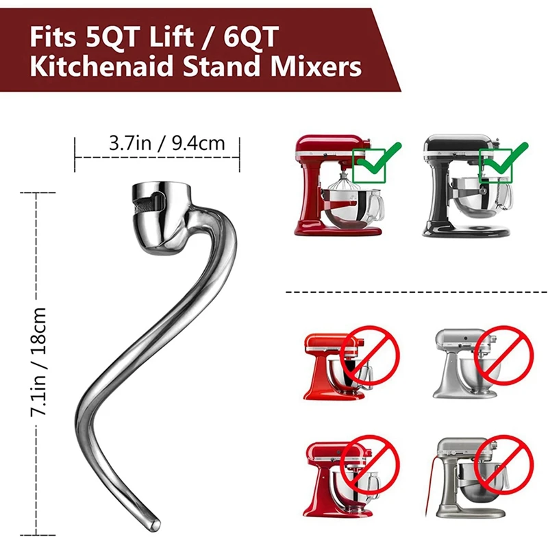 X17A 2025 NEU-2X Knethaken für Kitchenaid 5QT Lift und 6QT Standmixer, Mixer-Knetaufsatz, spülmaschinenfest