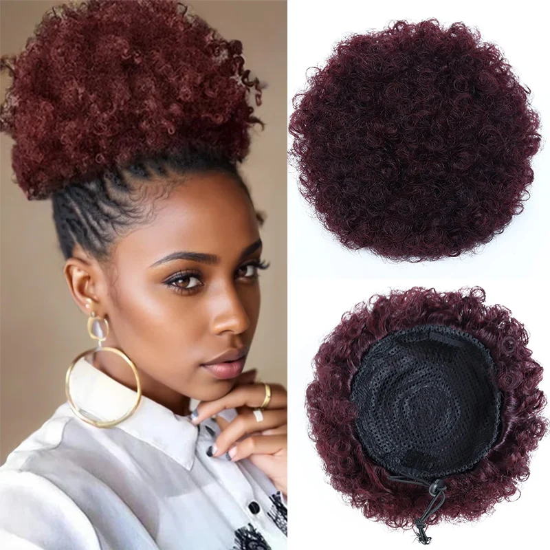 Short Afro Kinky Curly Ponytail Human Hair Colorful Brazilian Kinky Curly Ponytail For Black Women Puff Full Machine Made