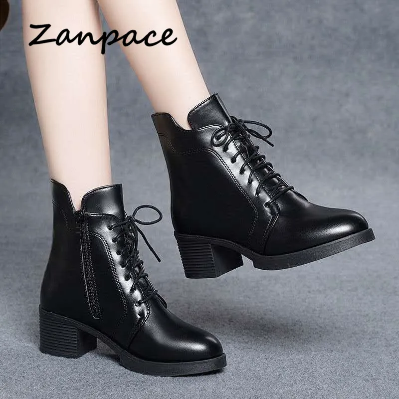 ZANPACE 2021 New Winter Boots Women Lace-Up Keep Warm Fur Women\'s Autumn Shoes Leather High Heel Pointed Toe Women\'s Ankle Boots