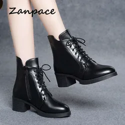 ZANPACE 2021 New Winter Boots Women Lace-Up Keep Warm Fur Women's Autumn Shoes Leather High Heel Pointed Toe Women's Ankle Boots