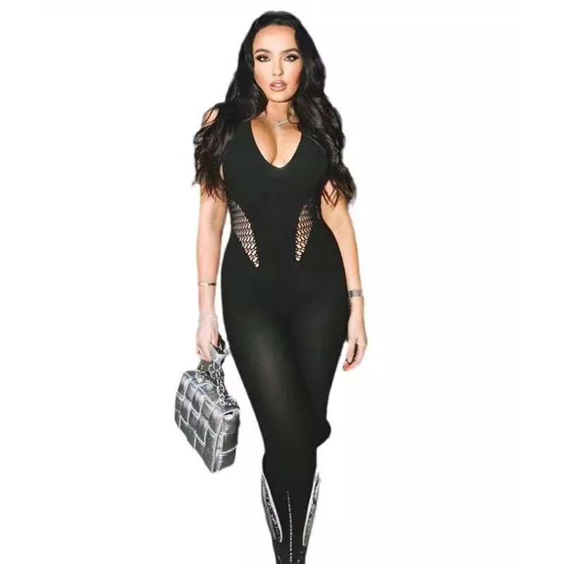 Sexy Mesh Hollow Out V-hals Jumpsuits voor Vrouwen Gothic Punk Nachtclub Party Rompertjes Kleding Mouwloze Halter Backless Outfits