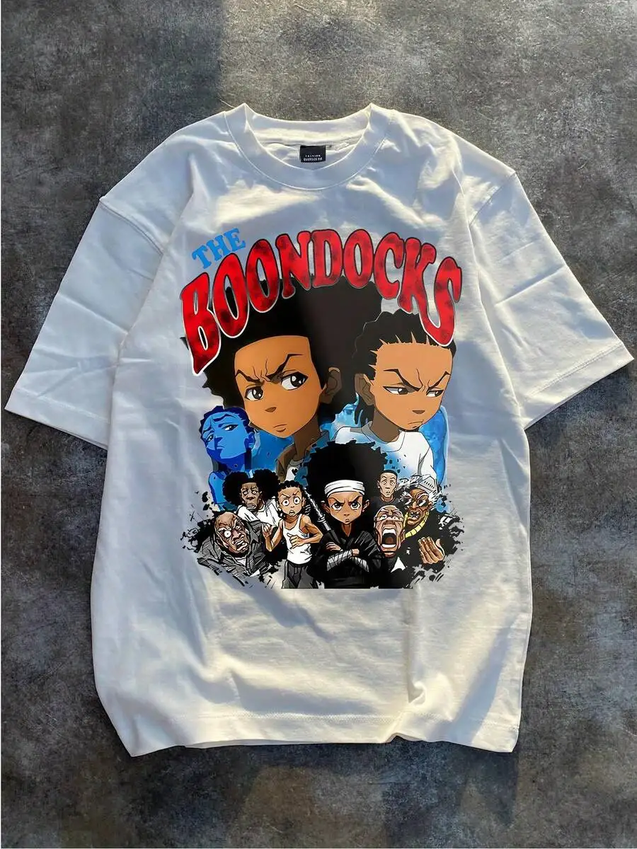 100% Cotton Breathable Knit Fabric Print T-Shirt - 1pc The Boondocks Animated Characters Crew Neck Short Sleeve Tee - Casual Sports Style For Men