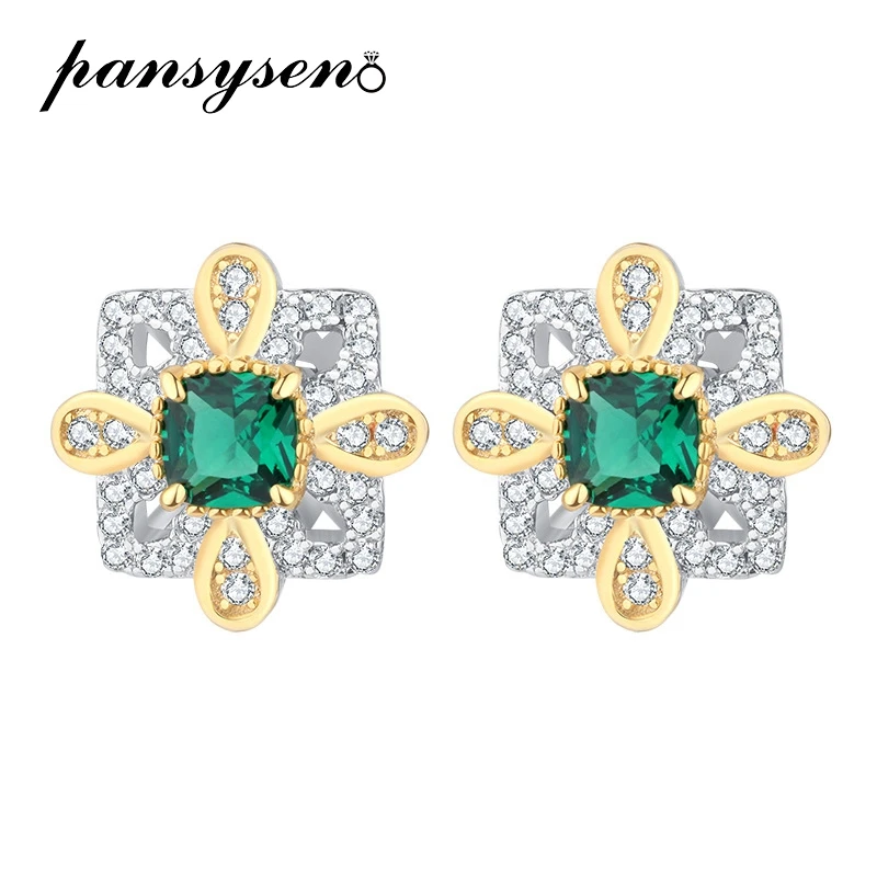 

PANSYSEN Vintage 100% 925 Sterling Silver 4*4MM Flower Emerald Ruby Sapphire Gemstone Stud Earrings for Women Ear Fine Jewelry