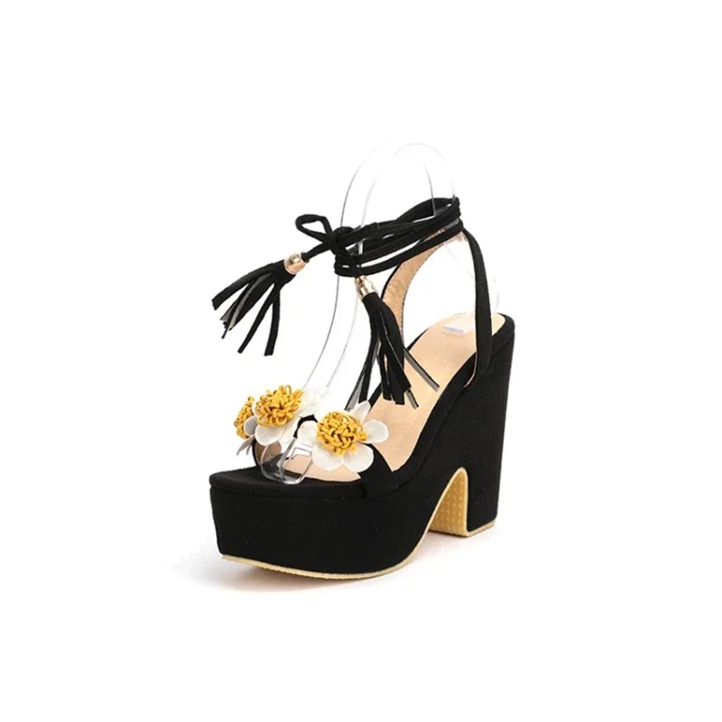 

Sandalias De Mujer, босоножки на платформе на толстой подошве с кисточками и цветочным принтом на щиколотке, женские вечерние свадебные туфли на каблуке, размеры 6-9