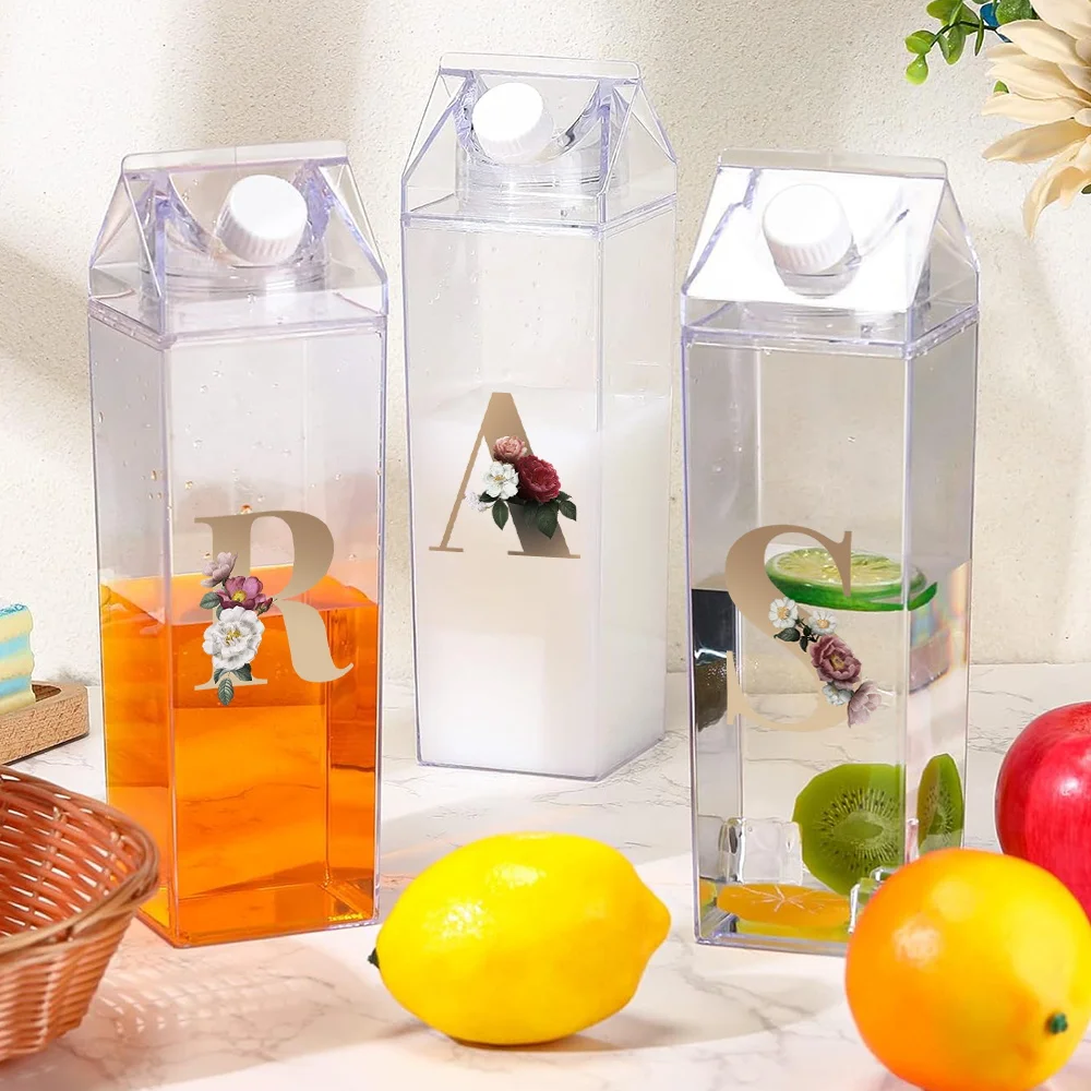 

1000ml Clear Milk Bottle Drinking Jug Leak Proof Orange Juice Organizer Lightweight Tea Coffee Storage Cup Gold Letter Pattern